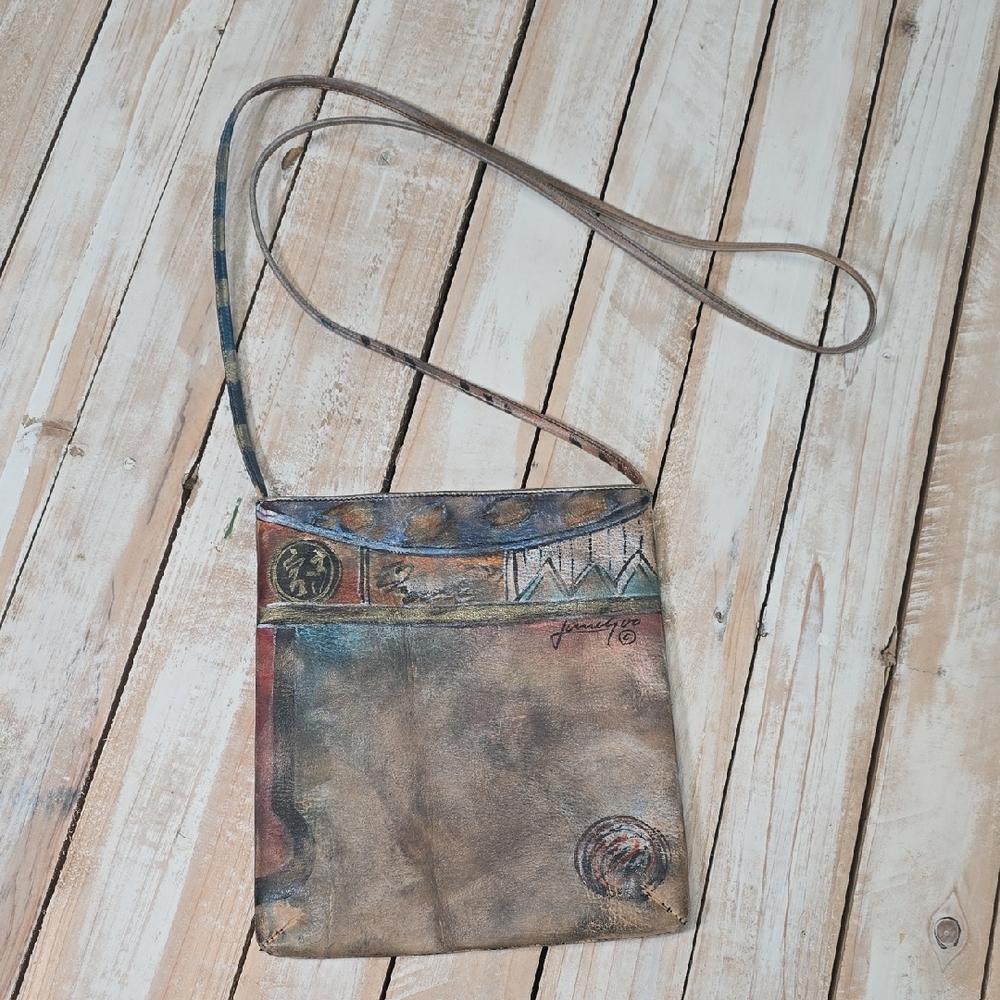 Vintage Jane Yoo hand-painted leather crossbody bag.
